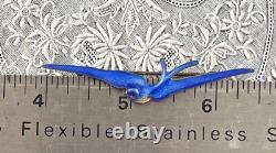 Antique Art Deco Nouveau Sterling Swallow Bluebird Guilloche Enamel Pin Brooch