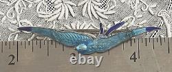 Antique Art Deco Nouveau Sterling Swallow Bluebird Guilloche Enamel Pin Brooch