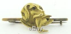 Antique Art Nouveau 18K Gold Ruby-Eyed Dog Head With Bird Brooch