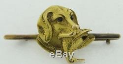 Antique Art Nouveau 18K Gold Ruby-Eyed Dog Head With Bird Brooch