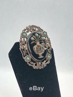 Antique Art Nouveau Sterling Silver Blue Turquoise Brooch With Birds