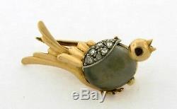 Antique Bird Brooch With Moonstone Diamonds Ruby Eye 18k Yellow Gold