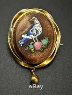 Antique Bird Micro Mosaic Brooch Pin, Italy, Grand Tour Souvenir