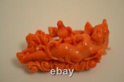 Antique Carved Coral and 18k Gold Angel with Bird Brooch Italian