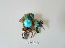 Antique Chinese Gilt Silver Cloisonne Enamel Bird Brooch Pin