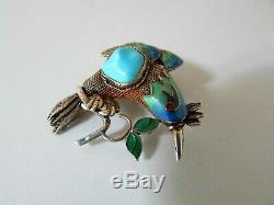 Antique Chinese Gilt Silver Cloisonne Enamel Bird Brooch Pin
