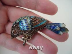 Antique Chinese Silver Shanghai China Enamel Filigree Bird Brooch Pendant
