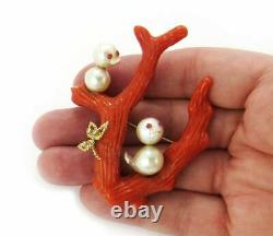 Antique Diamond Coral Pearls 14k Gold Tree & Bird Brooch Pin