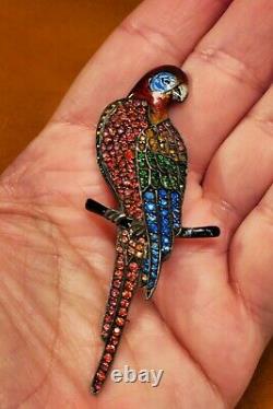 Antique Early 1900's 900 Silver Enamel Crystal Parrot Pin Brooch RARE