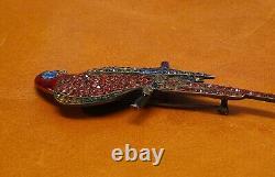 Antique Early 1900's 900 Silver Enamel Crystal Parrot Pin Brooch RARE