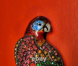 Antique Early 1900's 900 Silver Enamel Crystal Parrot Pin Brooch RARE