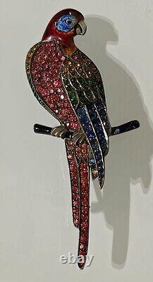 Antique Early 1900's 900 Silver Enamel Crystal Parrot Pin Brooch RARE