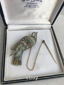 Antique Early Victorian Carved Abalone Shell Bird Brooch Pin with 9k Safety Chain