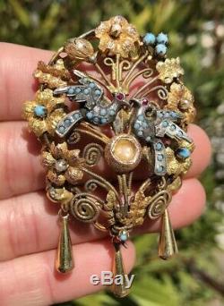 Antique Edwardian 14k Gold & Silver Bird Nest Swallow Turquoise Brooch Pendant