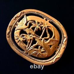 Antique Edwardian Gilded Brass Birds Egrets Palm Trees Brooch Pin C Clasp
