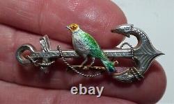 Antique Edwardian Silver Anchor Enamelled Bird Brooch Love Token Sweet Delicate