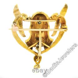 Antique Egyptian Revival 14k Gold Pharaoh & Bird Diamond Pearl Dangle Pin Brooch