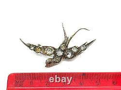 Antique French 900 Silver Diamond Paste Swallow Bird with Red Eye Brooch 7.3 gr