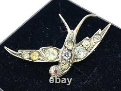 Antique French 900 Silver Diamond Paste Swallow Bird with Red Eye Brooch 7.3 gr