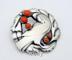 Antique Georg Jensen Denmark Dove Pin Brooch in Sterling Silver with Coral #123