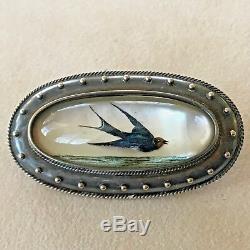 Antique Gold Reverse Carved Essex Crystal Intaglio Swallow Bird Pin Brooch