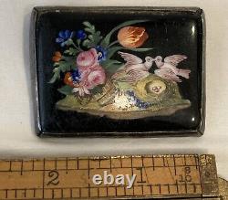 Antique Grand Tour Sterling Silver Painting Flower Birds 19c Pendant Brooch