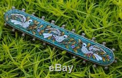 Antique Green Micro Mosaic Flower & Dove Bird Bar Brooch Pin, Grand Tour