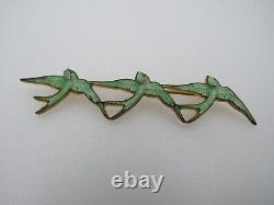 Antique Green Three Bird Swallow Trio Brooch Guilloche Enamel Gold C Clasp B8