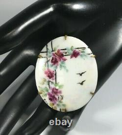 Antique Hand Painted Porcelain Brooch Floral & Birds 2 Long Brass Back EUC