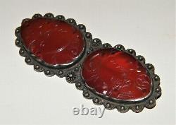 Antique Large DOUBLE CARVED CARNELIAN STERLING SILVER BROOCH Pin Birds Asian EX