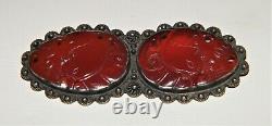 Antique Large DOUBLE CARVED CARNELIAN STERLING SILVER BROOCH Pin Birds Asian EX