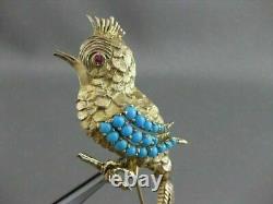 Antique Large Ruby Turquoise Filigree Song Bird 18k Yellow Gold Pin Brooch #2391