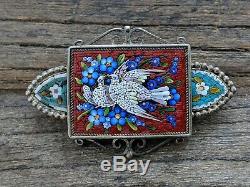 Antique Micro Mosaic Double Dove Bird Silver Brooch Pin, Souvenir Jewelry, Italy