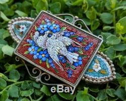 Antique Micro Mosaic Double Dove Bird Silver Brooch Pin, Souvenir Jewelry, Italy