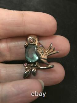 Antique Nouveau Deco Vintage Sterling Silver Bird Jeweled Aquamarine Brooch Pin