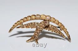 Antique Original Victorian 18k Gold Natural Pearl And Ruby Decorated Bird Brooch