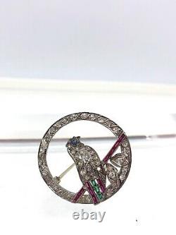 Antique Platinum diamond emerald ruby sapphire bird brooch