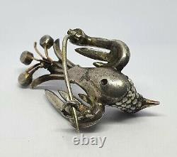 Antique Silver Bird Brooch With Red Stone And Cultured Pearls