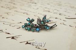 Antique Silver Rhodolite Garnet Turquoise Dove Bird Floral Pin Brooch 1.5 OS552
