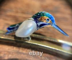 Antique, Solid 15ct Rose Gold, Natural Cultured Pearl & Enamel Kingfisher Brooch