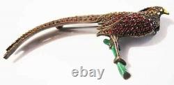 Antique Sterling Colored Paste Enamel BIRD on Branch Pin BIG Pheasant Brooch 3