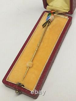Antique Tested 18K Gold & Enamel BIRD/ PARROT STICK PIN BROOCH with Jewelry Box
