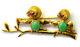 Antique Victorian 14k Solid Gold, Natural Jade And Ruby Baby Birds Pin/brooch