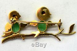 Antique Victorian 14K Solid Gold, Natural Jade and Ruby Baby Birds Pin/Brooch