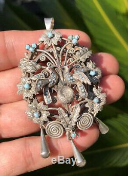 Antique Victorian. 800 Silver Turquoise Love Bird Nest Brooch Pin Pendant
