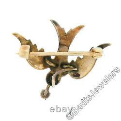Antique Victorian 8k Rosy Yellow Gold Seed Pearl & Ruby Bird Swallow Brooch Pin