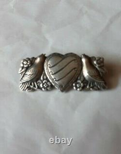 Antique Victorian Beautiful Sterling Silver Floral Bird Heart Brooch Pin