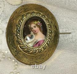 Antique Victorian Cameo Portrait Bird Hand Painted Porcelain Gold RG Brooch Pin