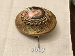 Antique Victorian Cameo Portrait Bird Hand Painted Porcelain Gold RG Brooch Pin