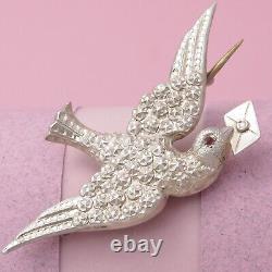 Antique Victorian Dove Messenger Bird Letter Paste Silver Repousse Brooch Pin